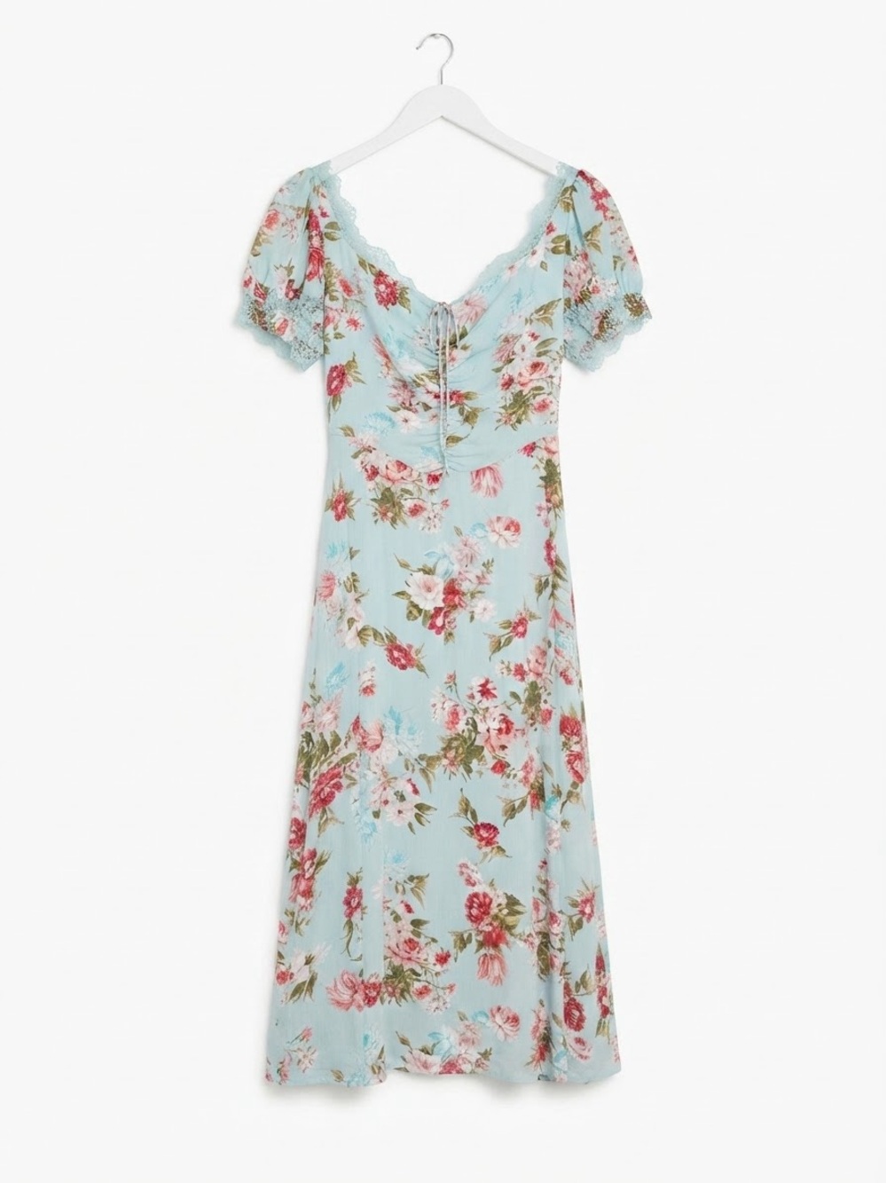 Anthropologie Sky-Blue Floral Midi Dress with Lace Trim